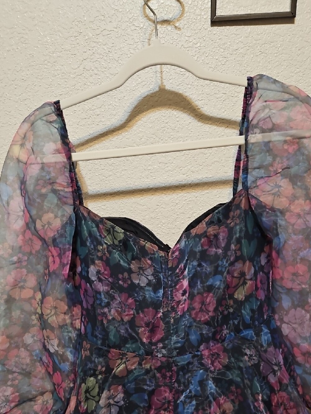 Sheer Floral Puff-Sleeve Mini Dress in Blue & Pink - Picture 5 of 9